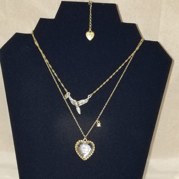 Betsey Johnson Fly With Me mirrored heart double chain necklace - Picture 4 of 5